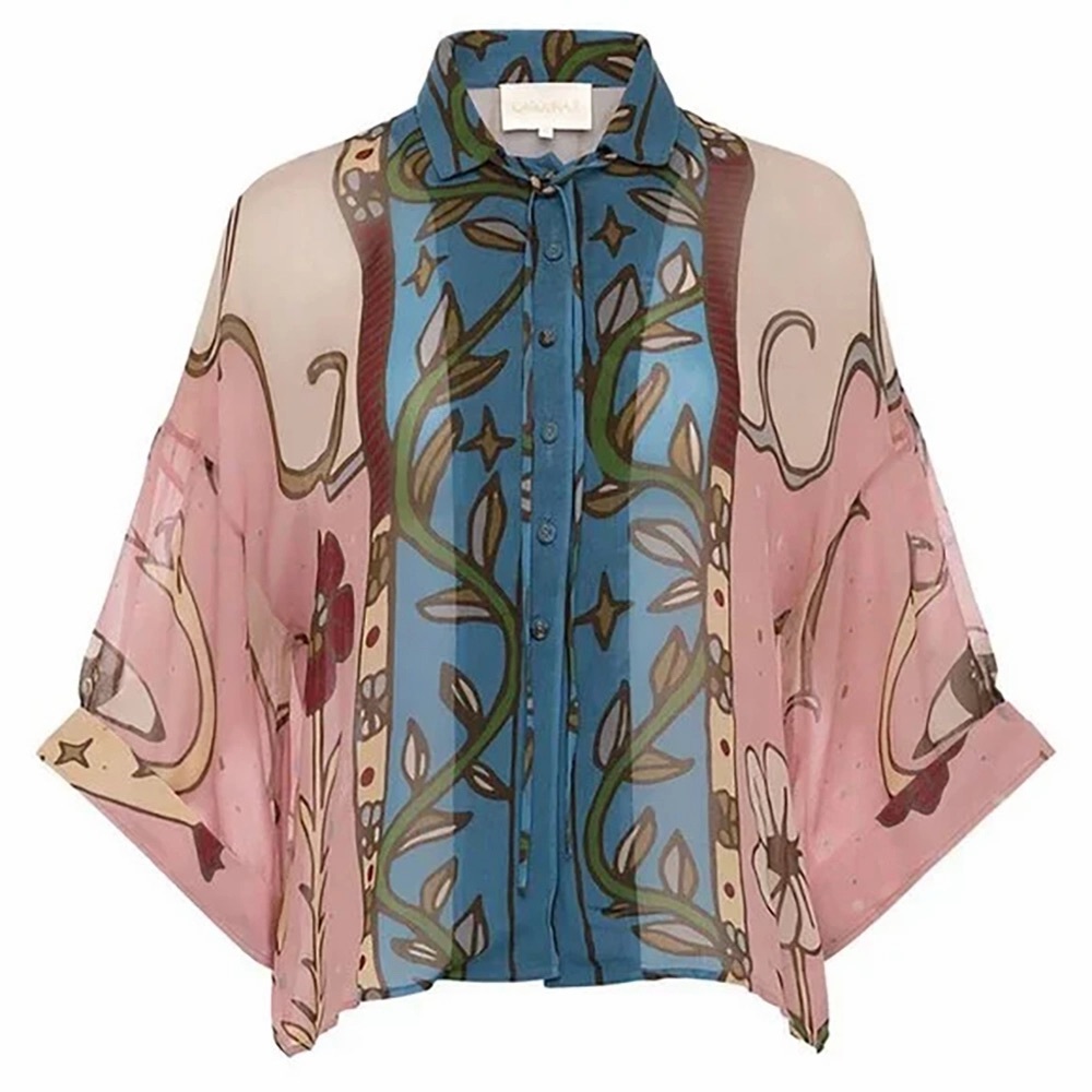 Carolina K Moon Queen Print Kimono Top Blouse Pink Blue Floral Tie Neck S